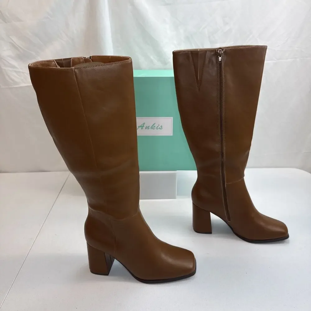 Ankis Tall Boots Womens Size 9.5 Brown Faux Leather Square Toe Chunky Heel